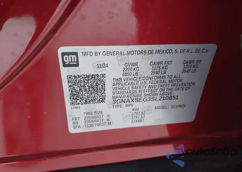 2025 Chevrolet Equinox Awd Activ from USA, damaged, VIN 3GNAXSEG3SL210851